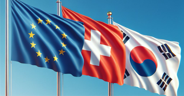The flags of the EU, Switzerland and Korea